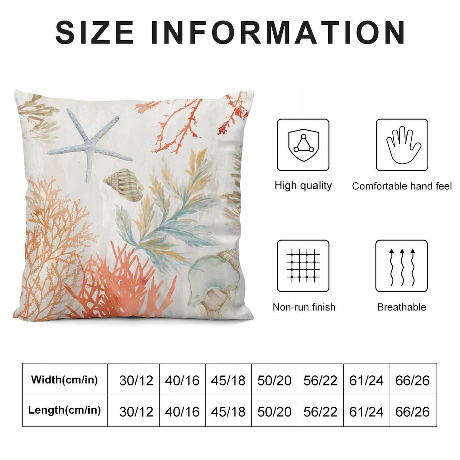 Seashells and starfish plush pillow cover, luxury soft throw pillow, with size details and high quality materials