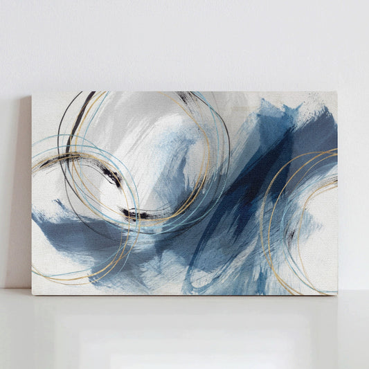 Abstract canvas print in shades of blue and gold, made in USA, art for MyArtsyGift.com