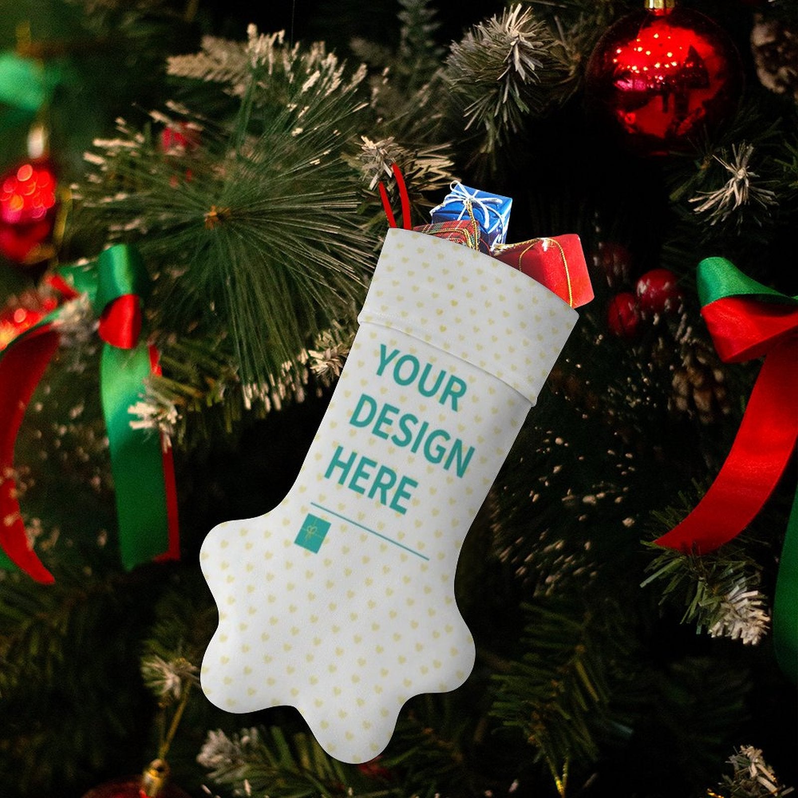 Personalized dog paw Christmas stocking with YOUR DESIGN HERE text, holiday gift