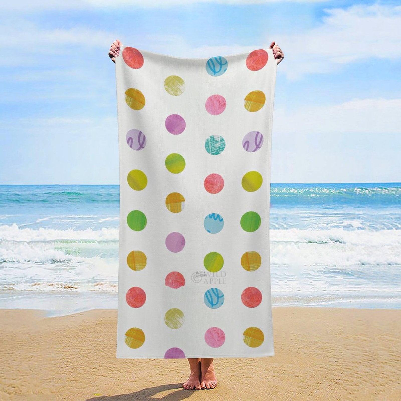 MyArtsyGift personalized beach towel with colorful polka dots, made with microfiber for beach or pool use