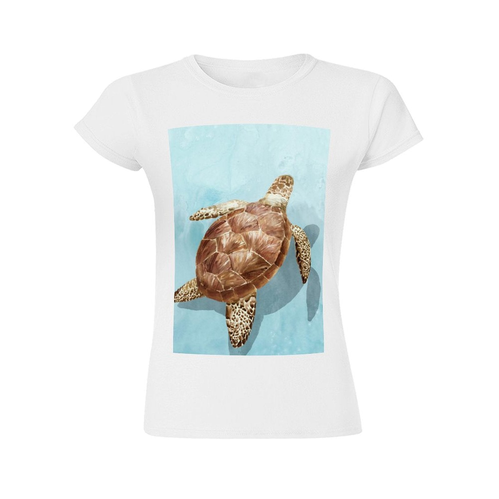 White women's t-shirt with a sea turtle graphic print, perfect for summer. Featuring a crewneck and short sleeves.