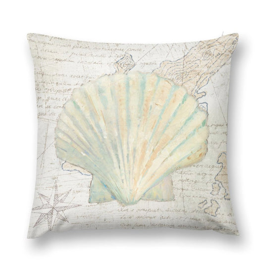 Decorative throw pillow cover featuring a seashell design with a vintage map and script background, plush material.