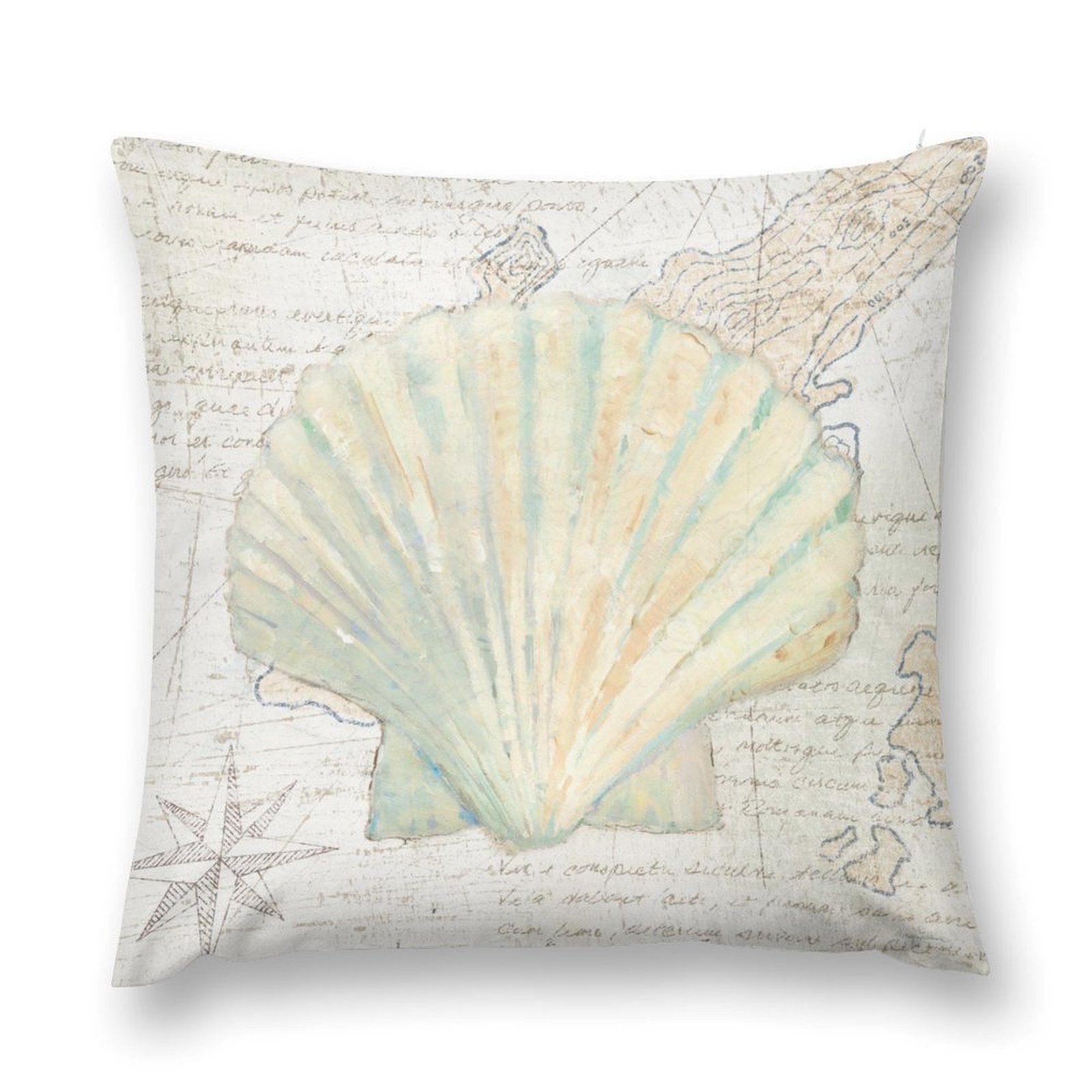 Plush throw pillow cover with a watercolor seashell and map design, perfect for sofa, couch, and living room decor.