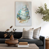 Oyster II modern wall art canvas print in living room. Teal and blue shell design on canvas.