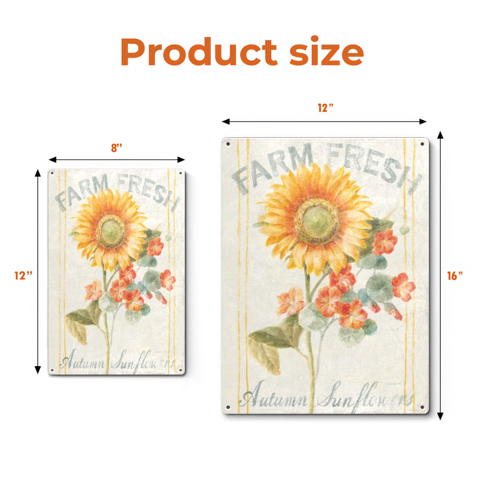 Autumn Sunflower Metal Sign, Farm Fresh inscription, USA made home decor. Available in 8x12 and 12x16 sizes.