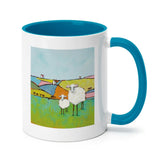 White ceramic mug, sheep art, blue interior and handle, Wild Apple design, perfect gift from MyArtsyGift