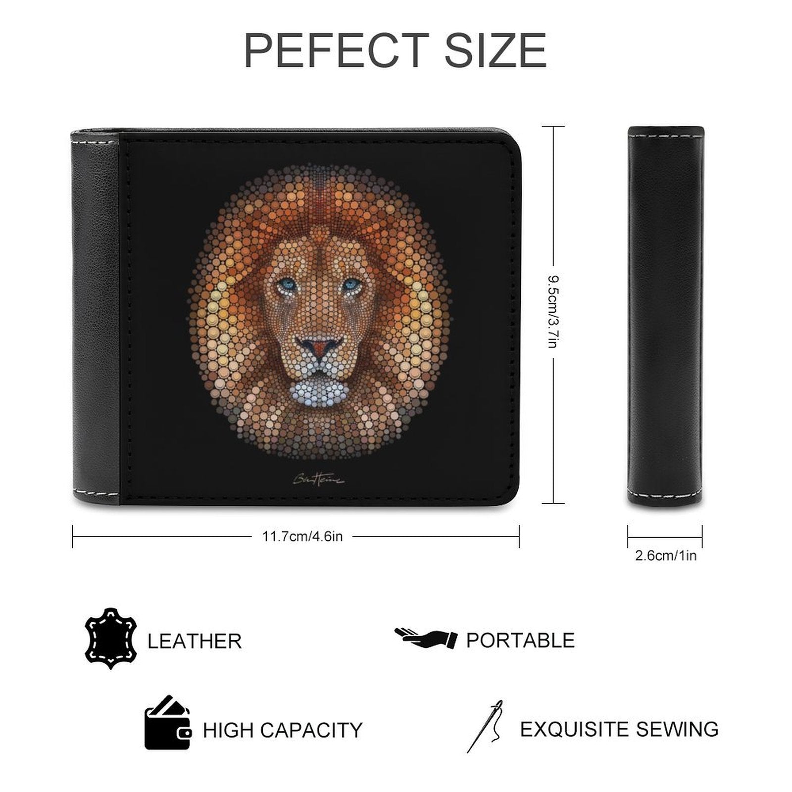 Men's leather bifold wallet with lion art, portable, and high-capacity design.
