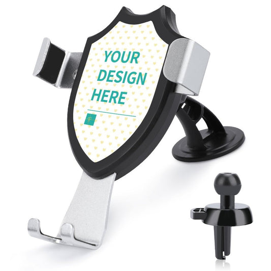 Customizable car phone holder mount with design area, black and silver, featuring 'YOUR DESIGN HERE'