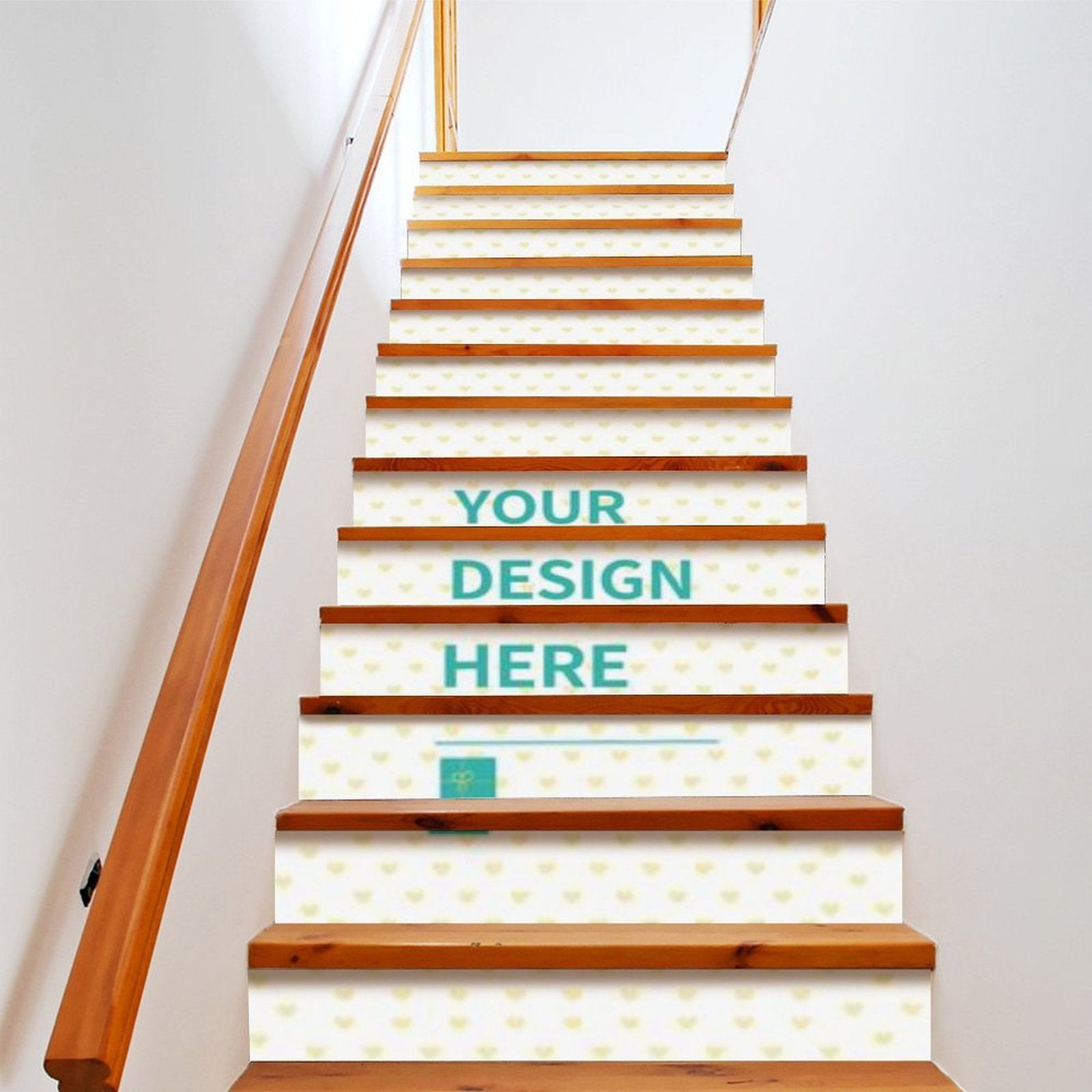Custom stair stickers with personalized design, easy to apply peel and stick decals. Stairs decorated with heart pattern.