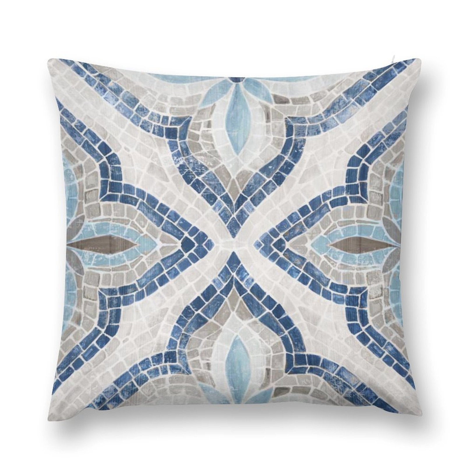 Luxury throw pillow cover with blue, gray, and white mosaic design. Soft, fluffy pillow for sofa and living room.