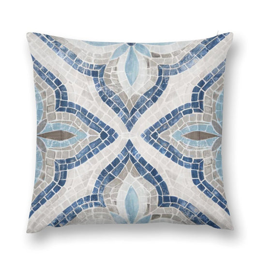 Luxury throw pillow cover with blue, gray, and white mosaic design. Soft, fluffy pillow for sofa and living room.