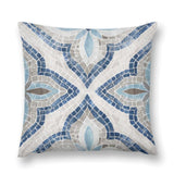 Decorative throw pillow cover with mosaic design in blue, gray, and white. Luxury soft short plush for sofa and couch.
