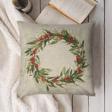 Christmas Pillow Cover with Wreath Design, Linen Material, Square Cushion for Bed or Couch.