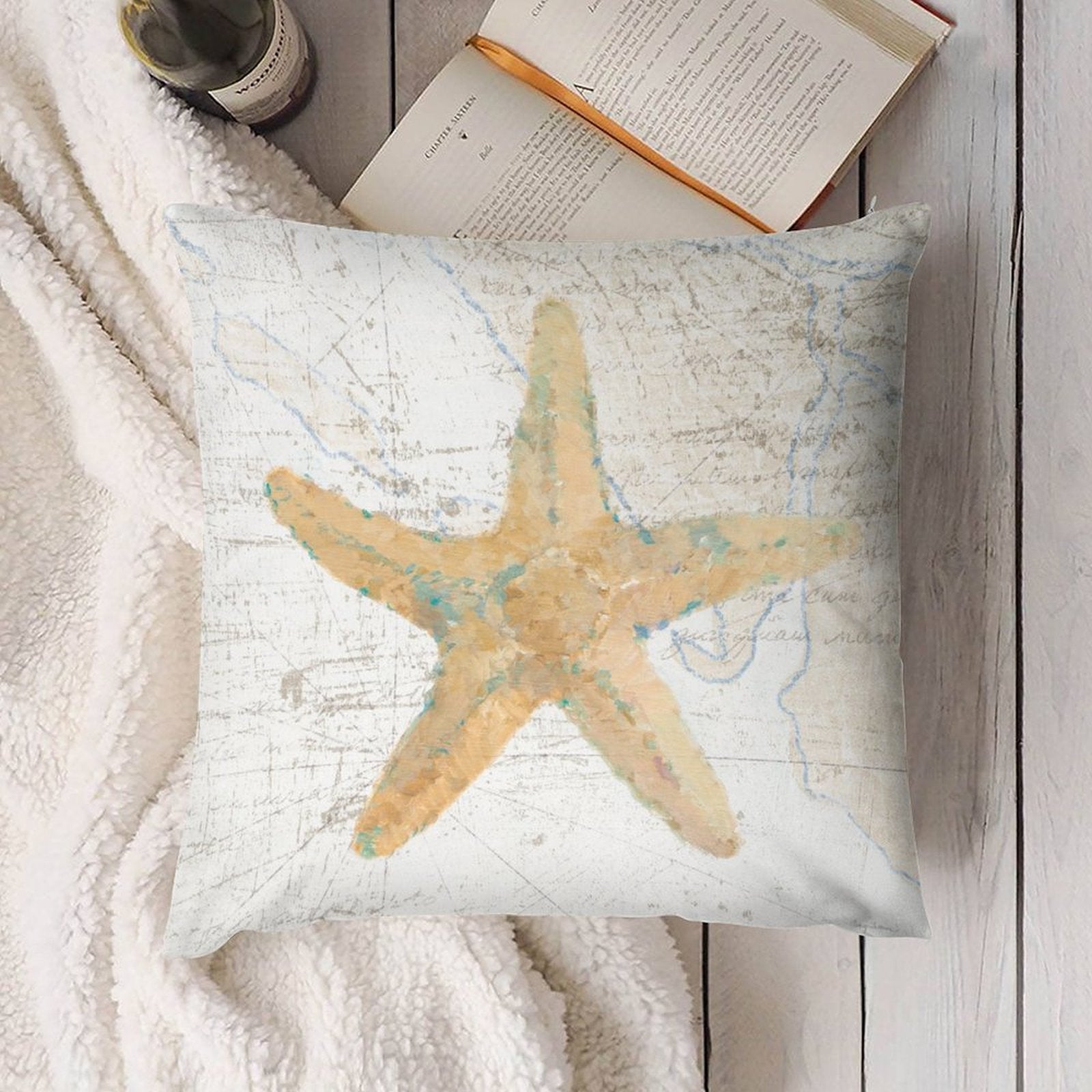 Starfish throw pillow cover with a soft plush design, ocean theme decorative pillow for living room and couch