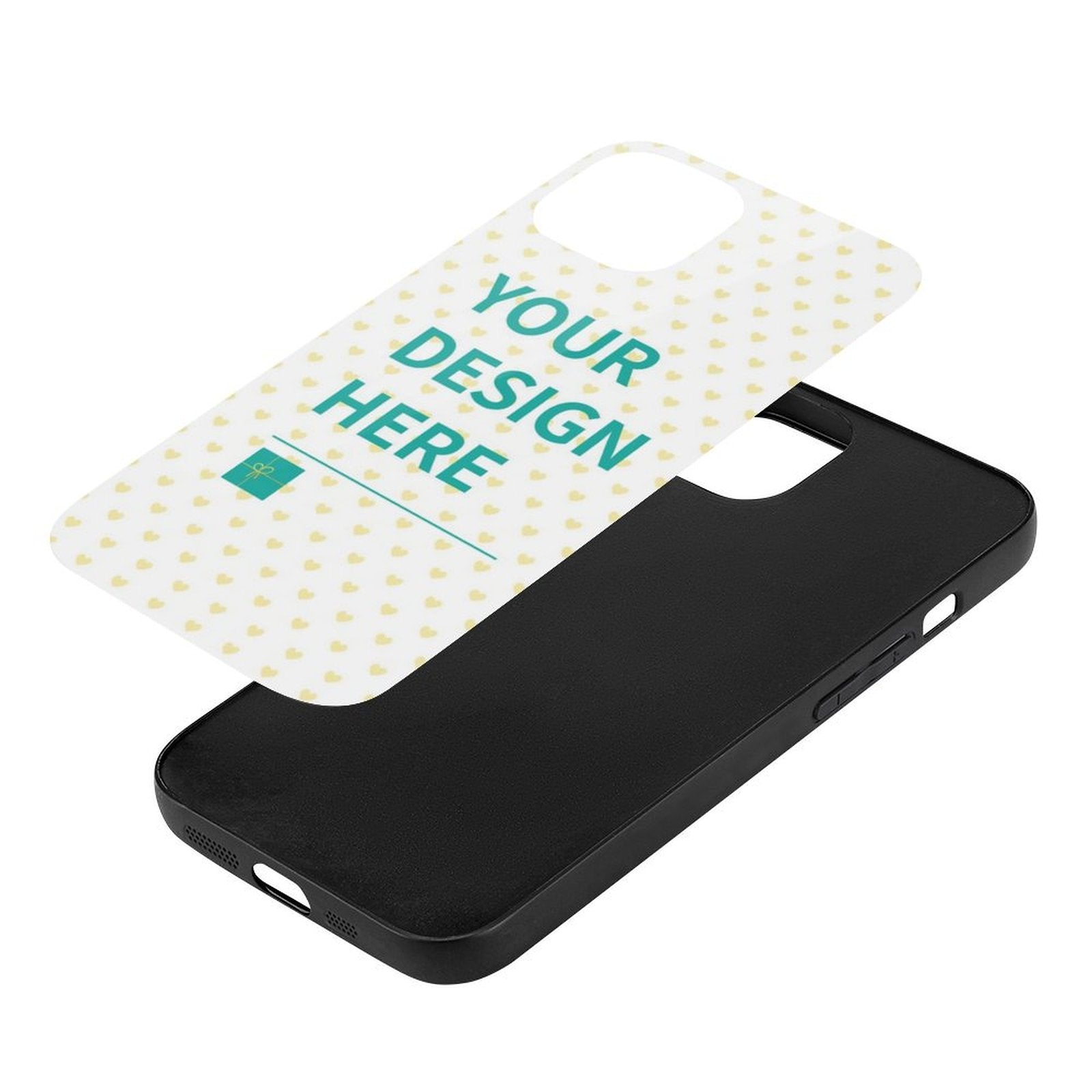 Personalized iPhone 15 case with 'Your Design Here' text, featuring a unique design, and black TPU material.