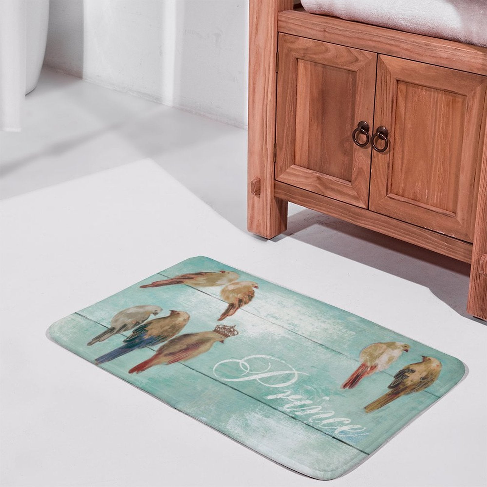 Coral velvet bath rug with watercolor birds and "Prince" design, non-slip, absorbent for bathroom