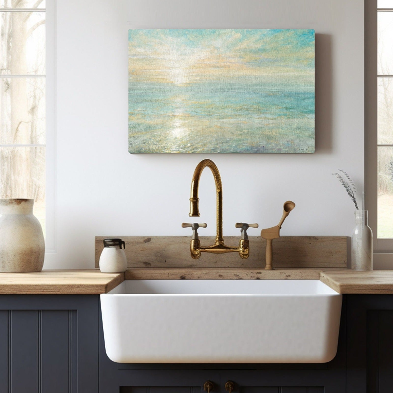 Sunrise canvas print wall decor in a kitchen, ocean scenery art. USA made.
