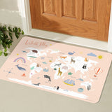 World Map doormat, featuring cute animal illustrations, for indoor or outdoor use, rubber floor mat