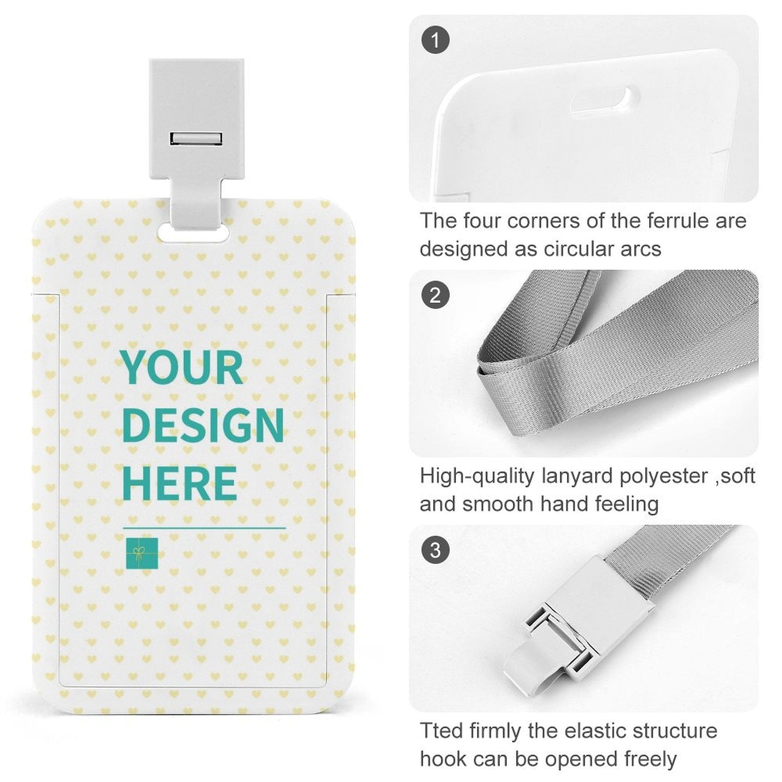 Custom ID badge holder with customizable design and heart pattern. Perfect for office, teacher, and student use.