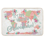 Personalized floral world map floor mat with text 'It's Time For a New Adventure!'
