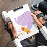 Acrylic clipboard with unique elephant design and 'BE UNIQUE' quote, perfect for students and office supplies.