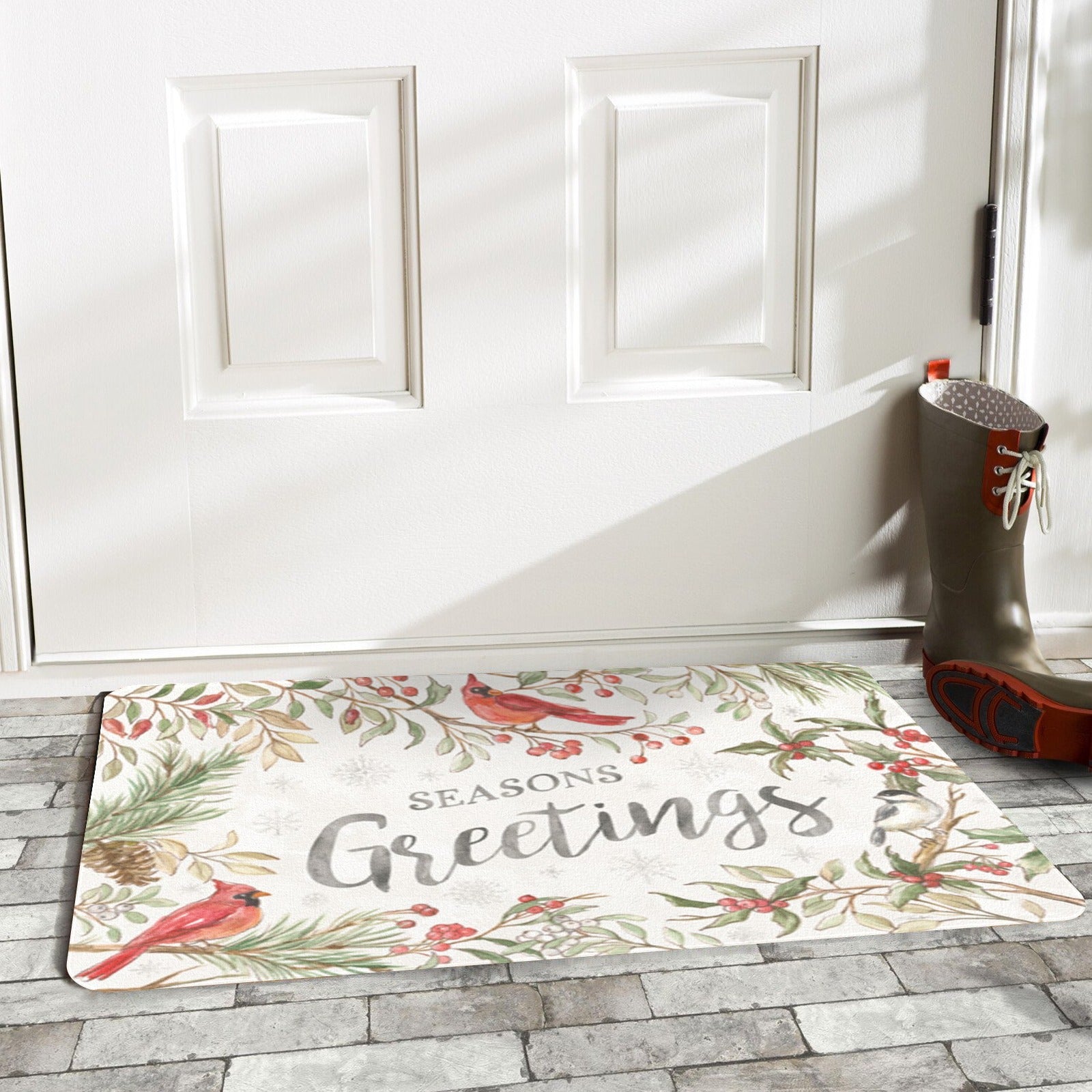 Winter entrance doormat with cardinal birds, Seasons Greetings, and holiday decor, durable for home use.
