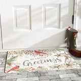 Winter entrance doormat with cardinal birds, Seasons Greetings, and holiday decor, durable for home use.