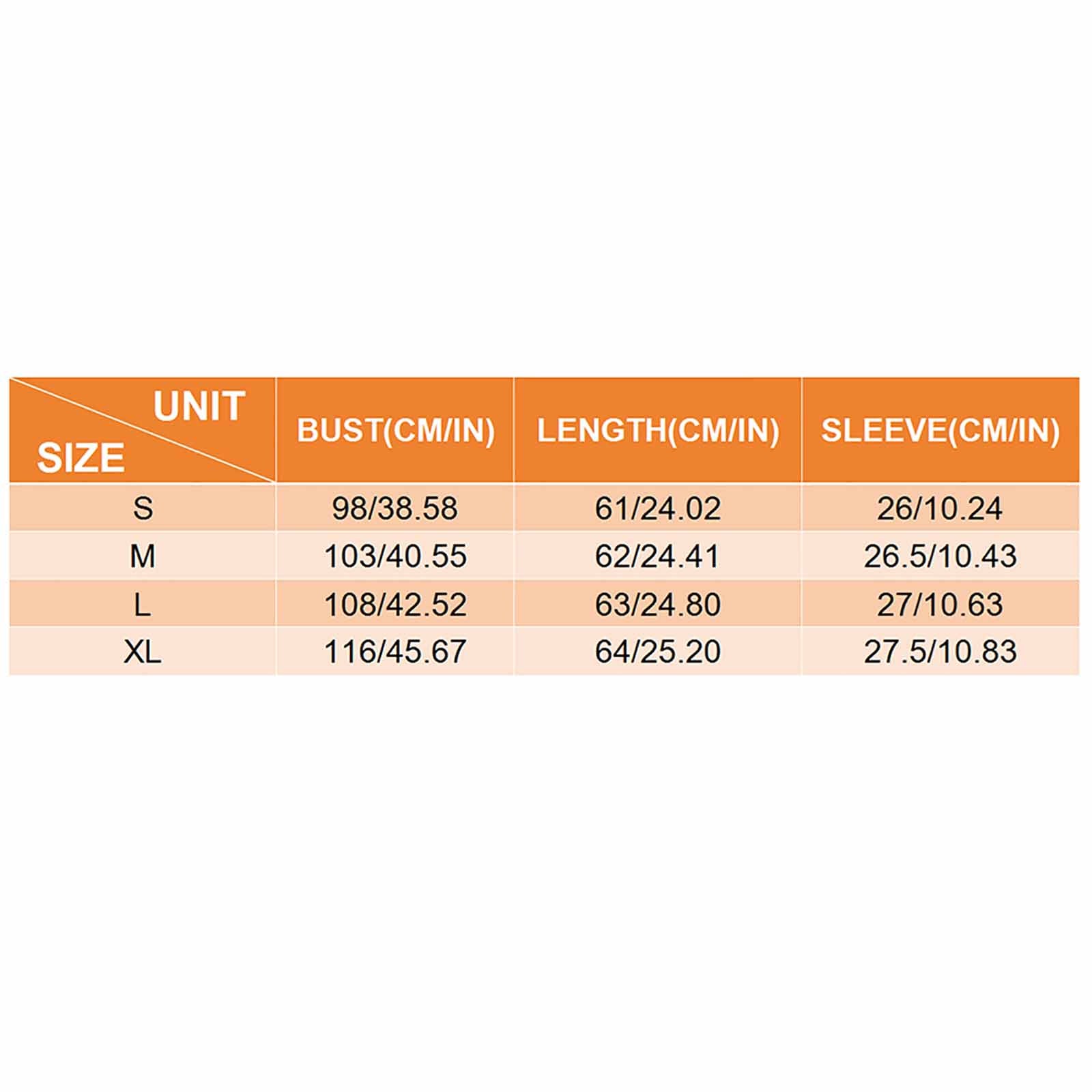 Size chart for women's short sleeve round neck T-shirt. Bust, length, and sleeve measurements in cm/in for S to XL sizes.