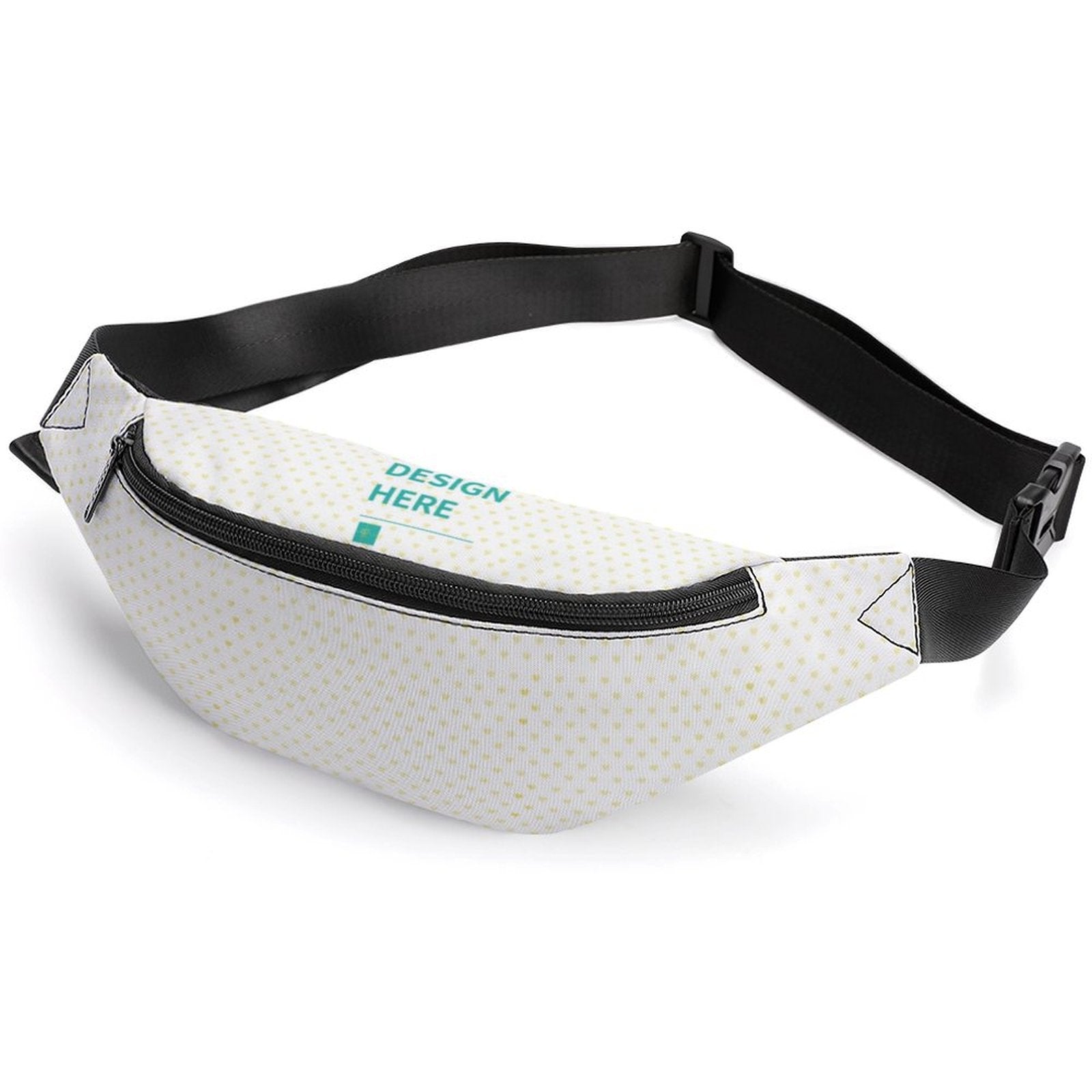 Custom fanny pack for men and women featuring a personalized design. White with yellow heart print, Design Here.