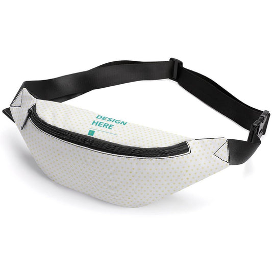 Custom fanny pack for men and women featuring a personalized design. White with yellow heart print, Design Here.