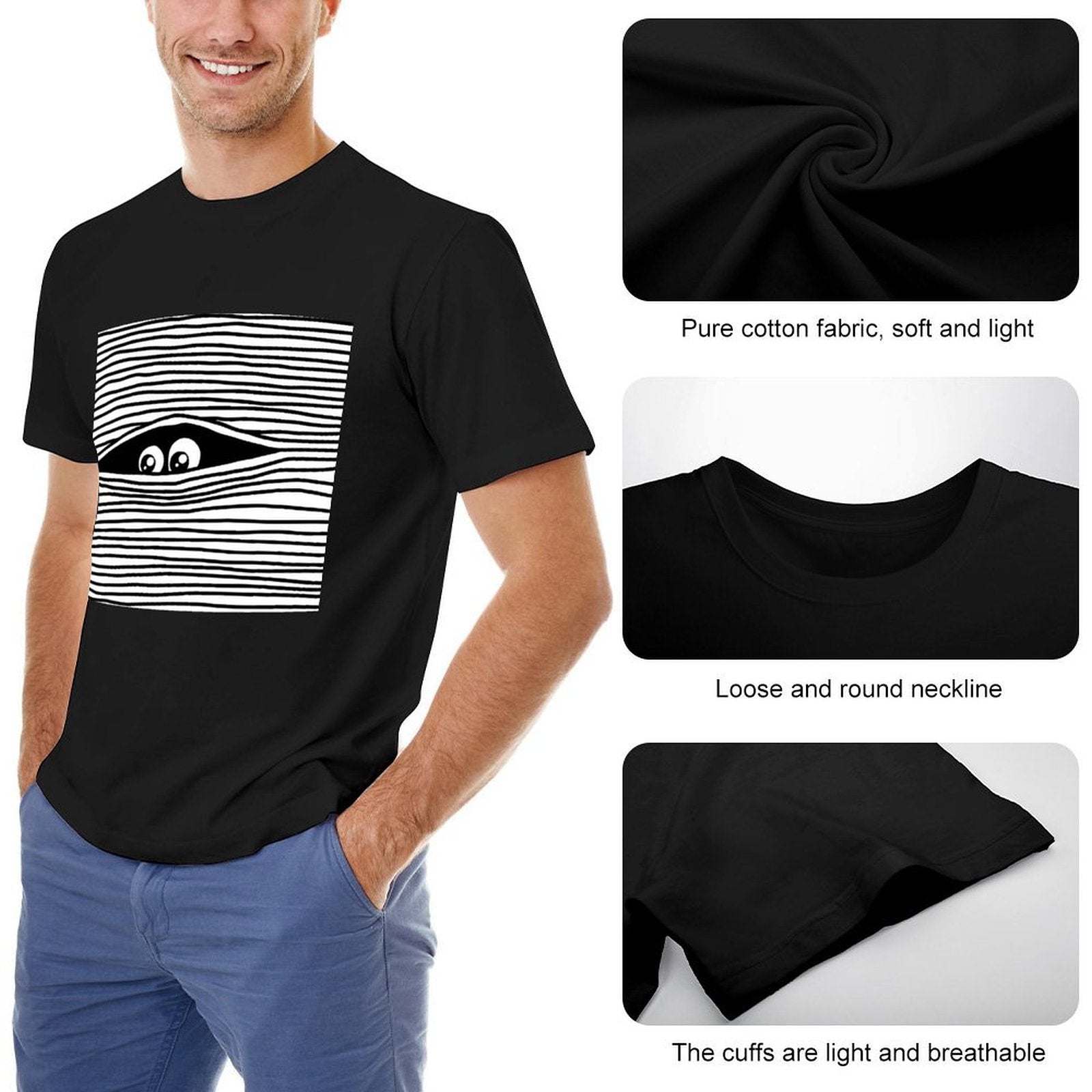 MyArtsyGift Black Men's Crew Neck T-Shirt with eye graphic. Features pure cotton fabric and comfortable design.