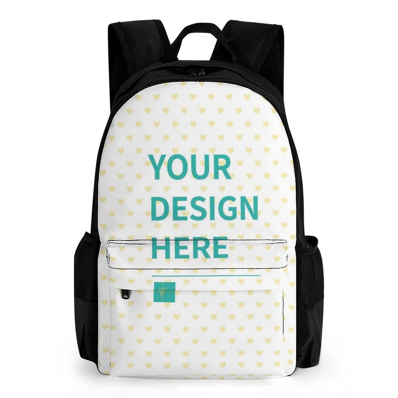 Custom Kids Backpack with heart pattern, 'Your Design Here' text, ideal for school, durable polyester bookbag