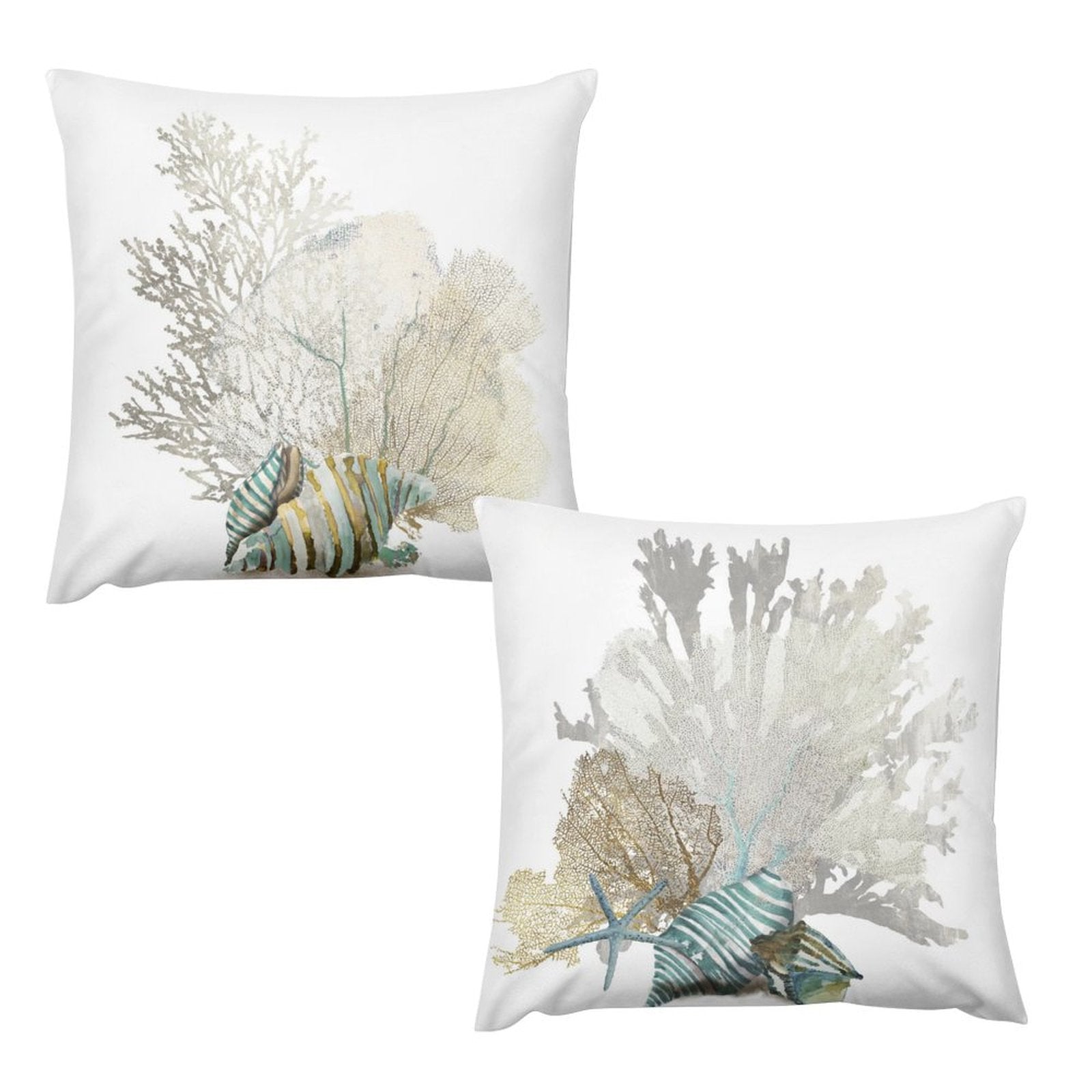 Set of 2 short plush pillow covers with coastal design, featuring coral, shells, and starfish, for home sofa and car decor