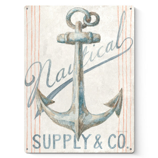 Vintage Nautical Anchor Metal Sign - Retro beach decor, featuring an anchor and the words Nautical Supply & Co.