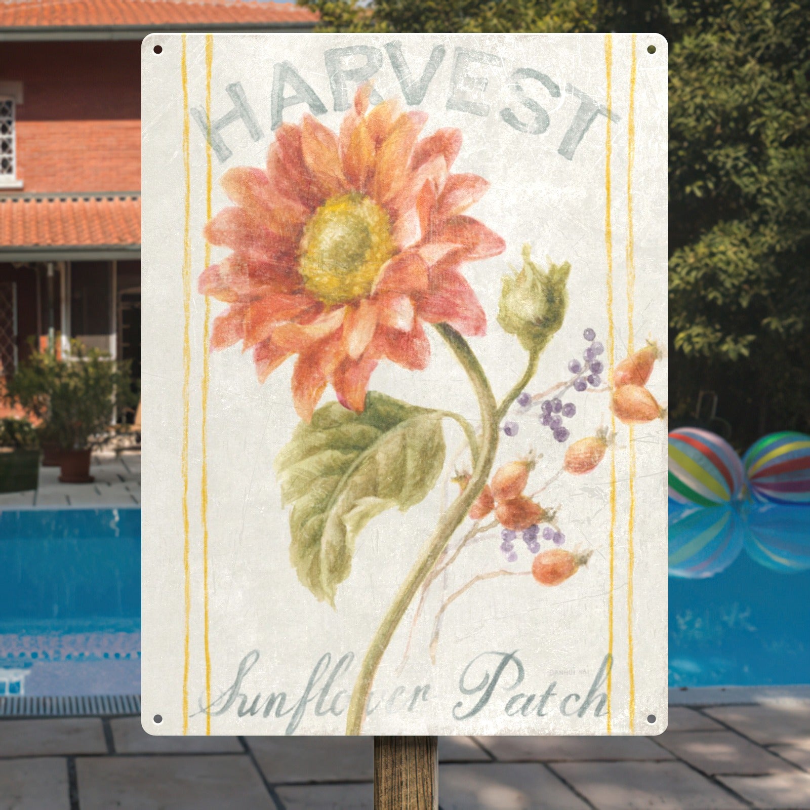 Harvest Sunflower Patch Metal Sign, Iron wall art with floral illustration, perfect home decor.