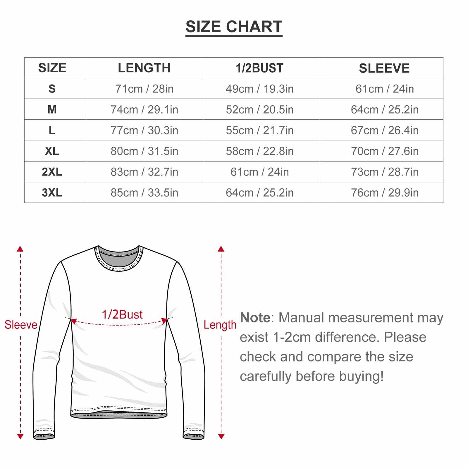 Men's Long Sleeve T-shirt size chart: S-3XL measurements for length, bust, and sleeve. Check size guide before purchase.