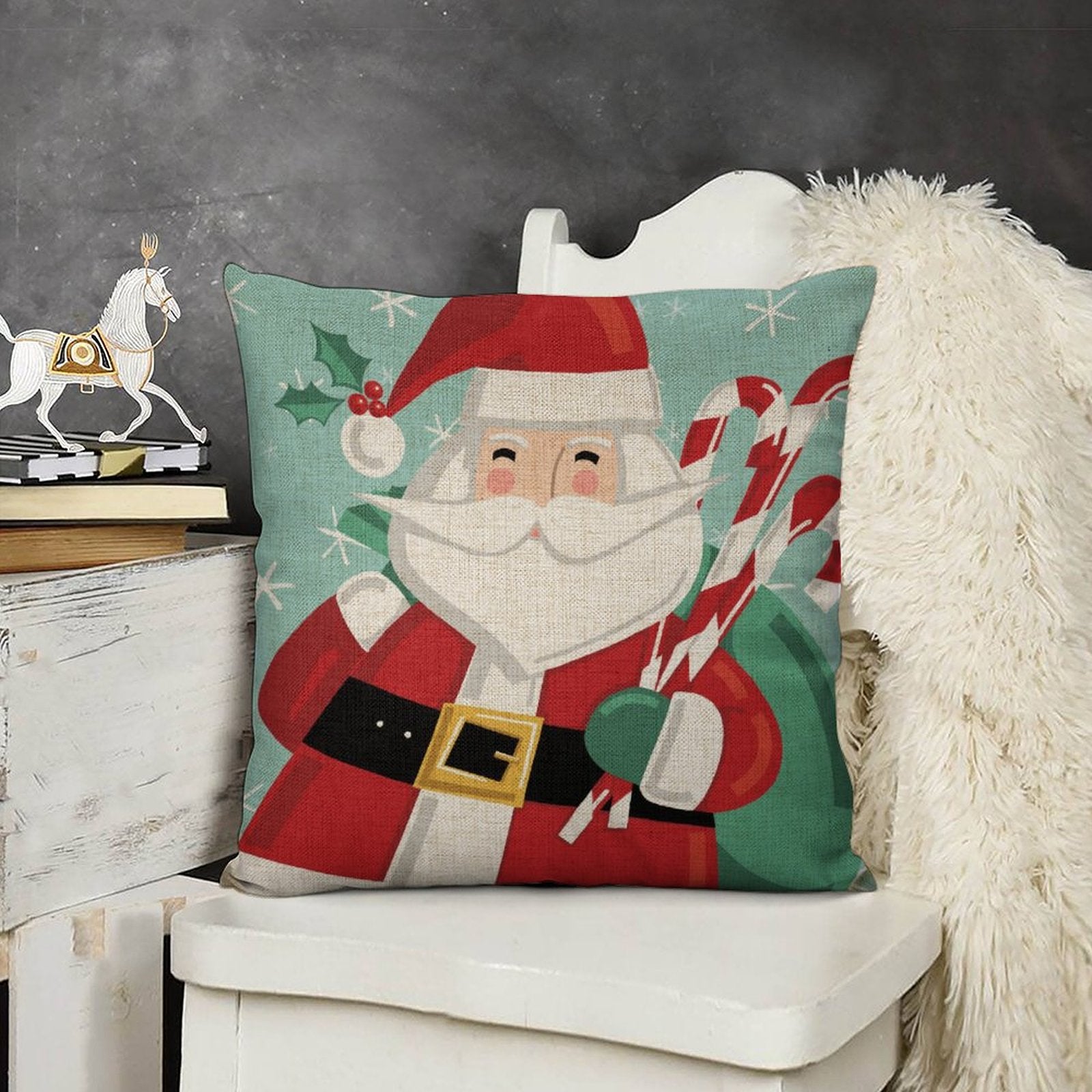 Christmas linen pillow cover with Santa Claus design, perfect for sofa, couch, or bed; festive holiday home decor.