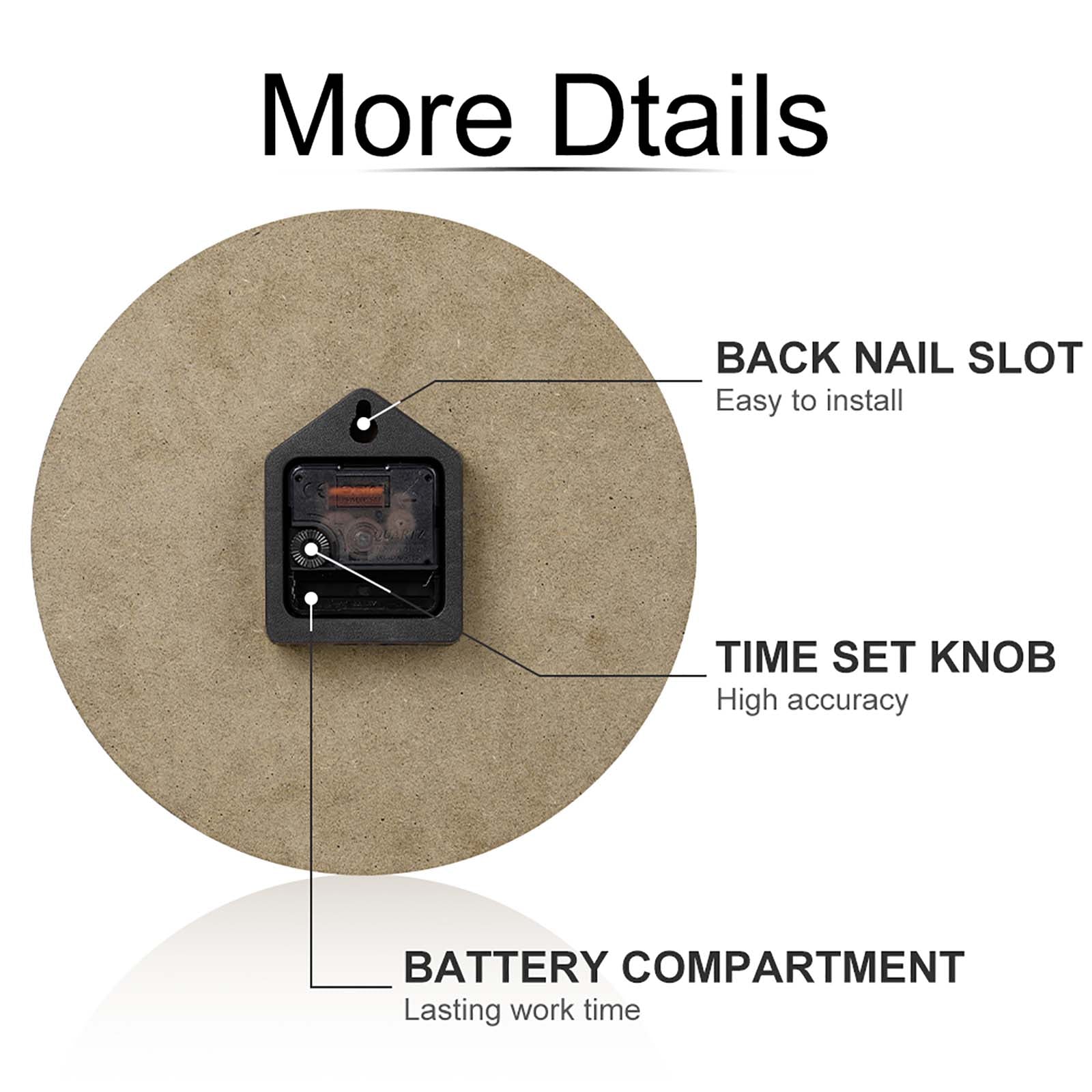 Wooden wall clock back showing installation, time setting, and battery features; for home decor