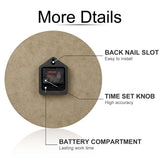 Back of wooden wall clock, showing easy install, time set knob and battery compartment for home decor