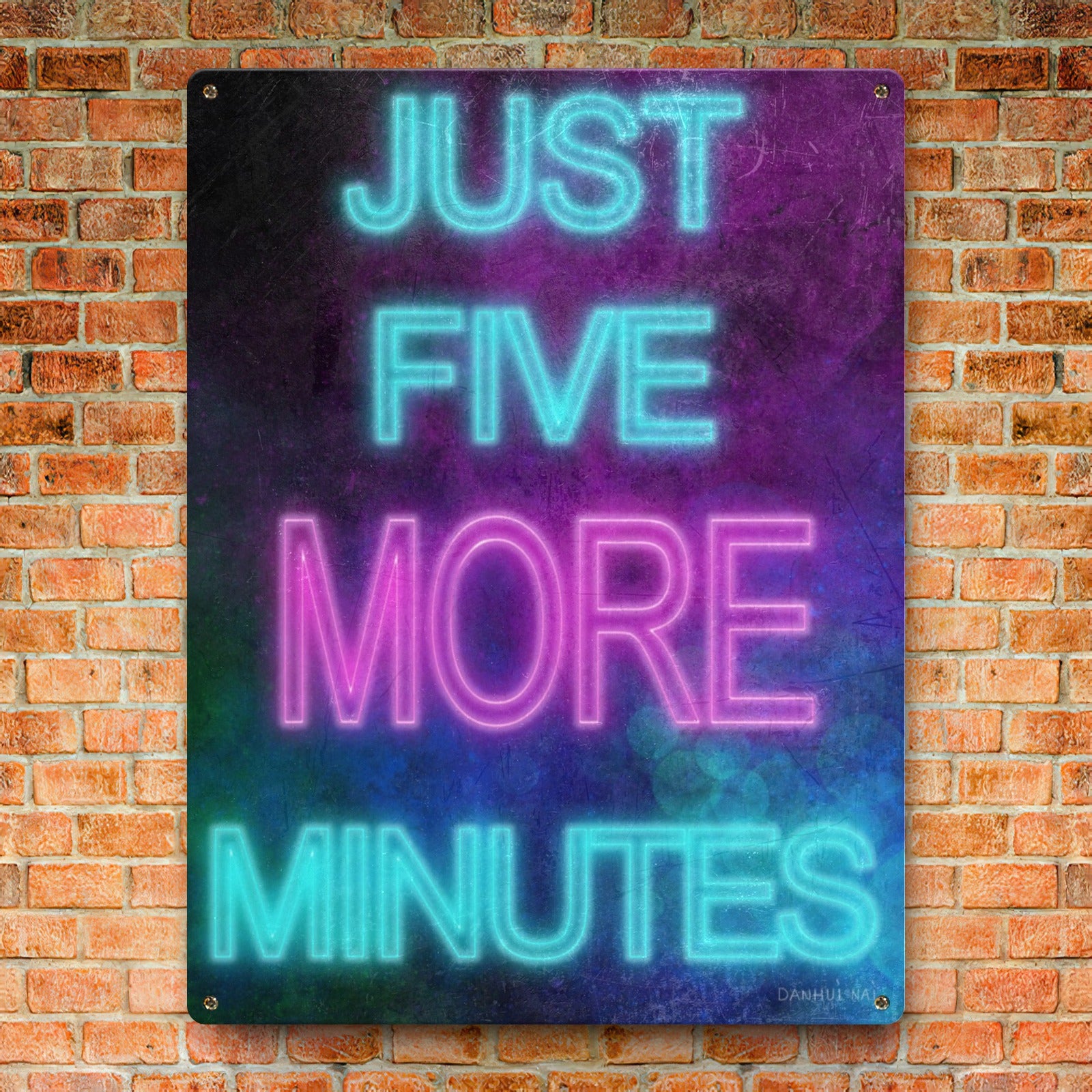Metal sign with neon 'Just Five More Minutes' design, perfect wall decor