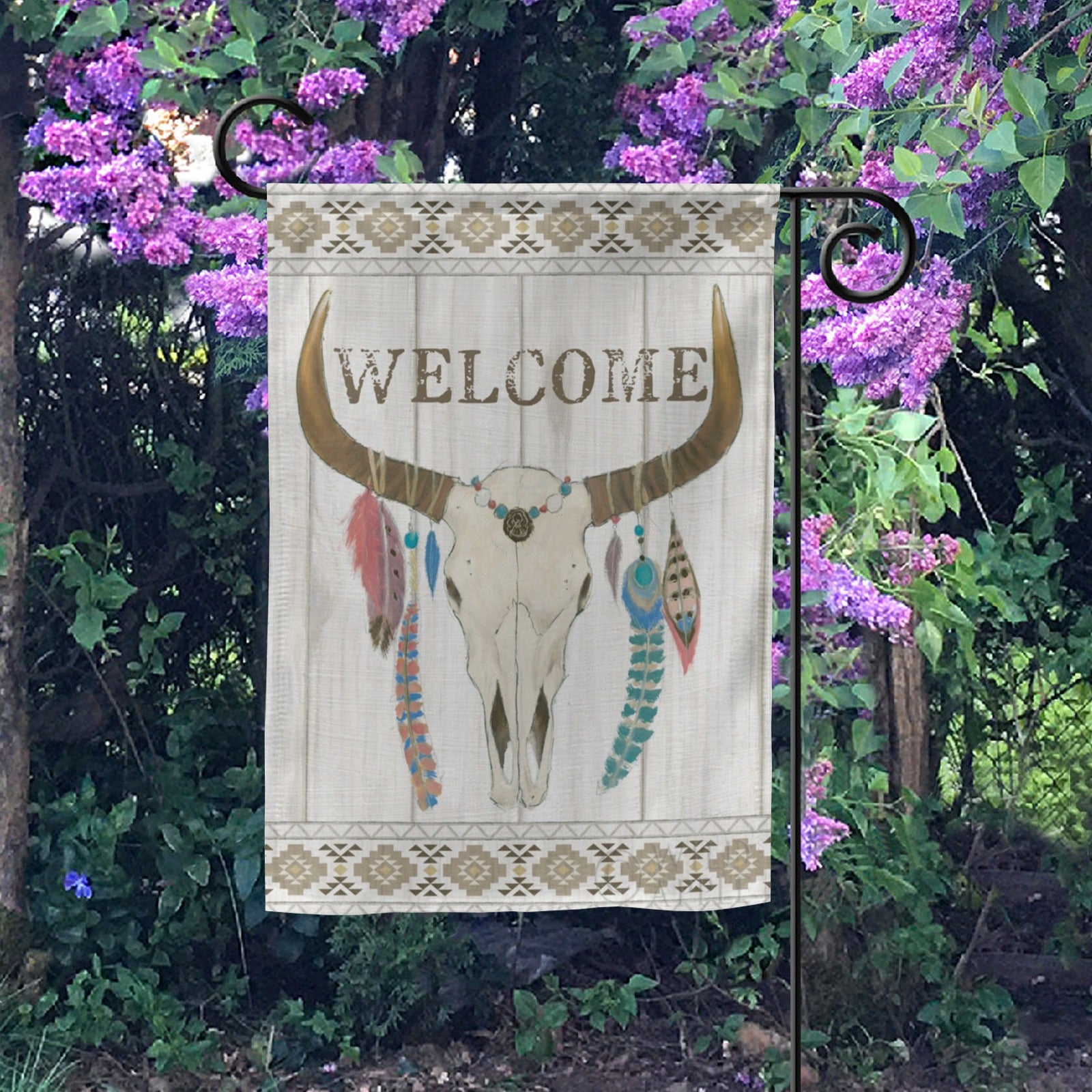 Welcome garden flag with bull skull, feather, and tribal design. Double-sided polyester for yard or farmhouse decor.