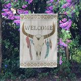 Welcome garden flag with bull skull, feather, and tribal design. Double-sided polyester for yard or farmhouse decor.
