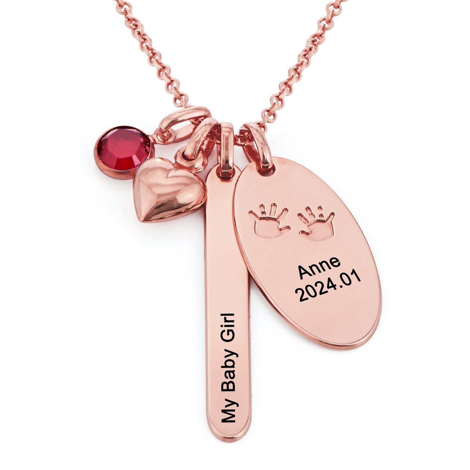 Rose Gold Personalized Name Necklace with Baby Footprints, 'My Baby Girl' Engraved Pendant for Women - Anne's Gift