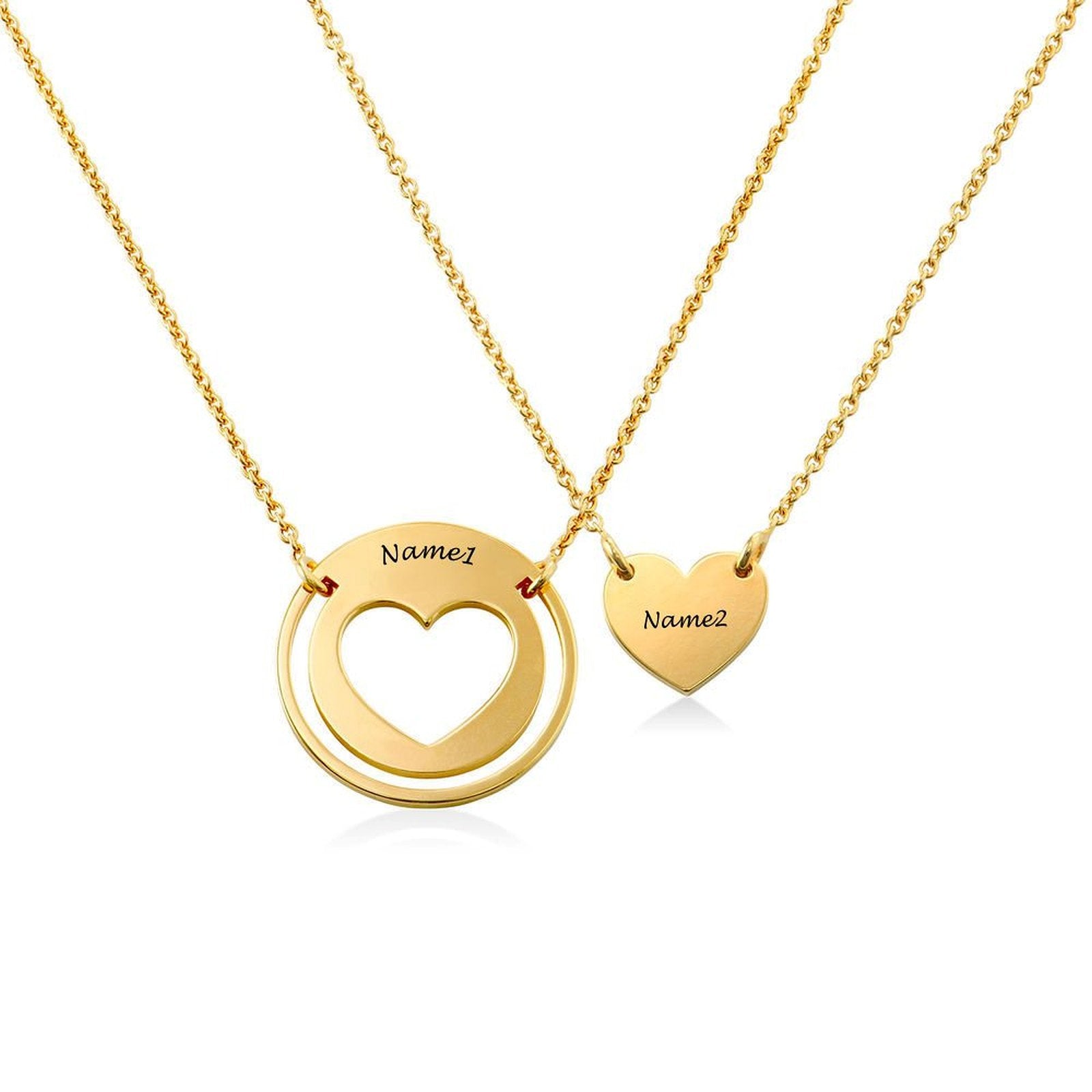 Gold personalized couples necklace with engraved names. Heart pendant couples jewelry gift.