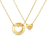 Gold personalized couples necklace with engraved names. Heart pendant couples jewelry gift.