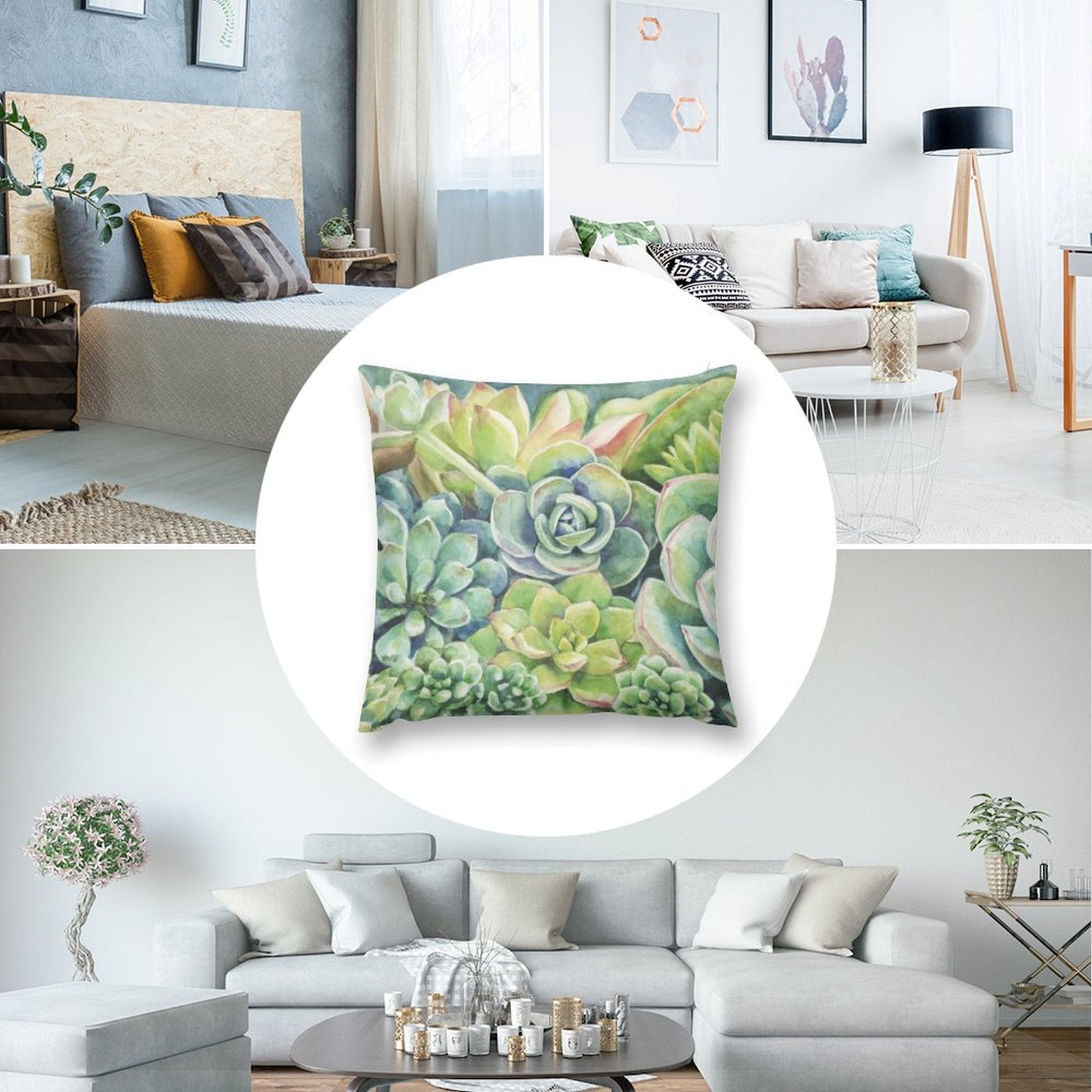 Succulent plant throw pillow cover on sofa, featuring soft short plush material, and decorative watercolor design.