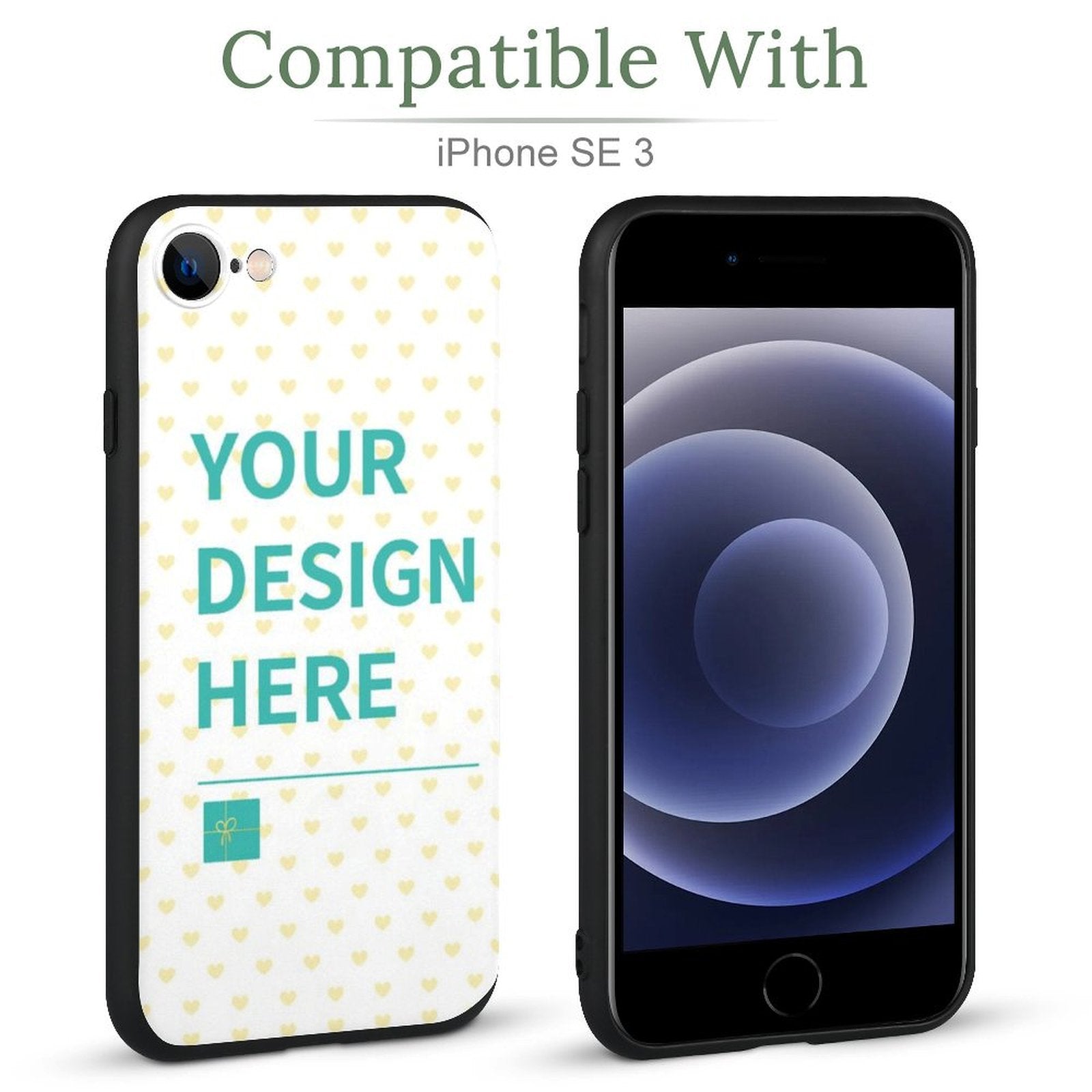 Custom iPhone SE 3 case with your design here, black TPU material, personalized cover