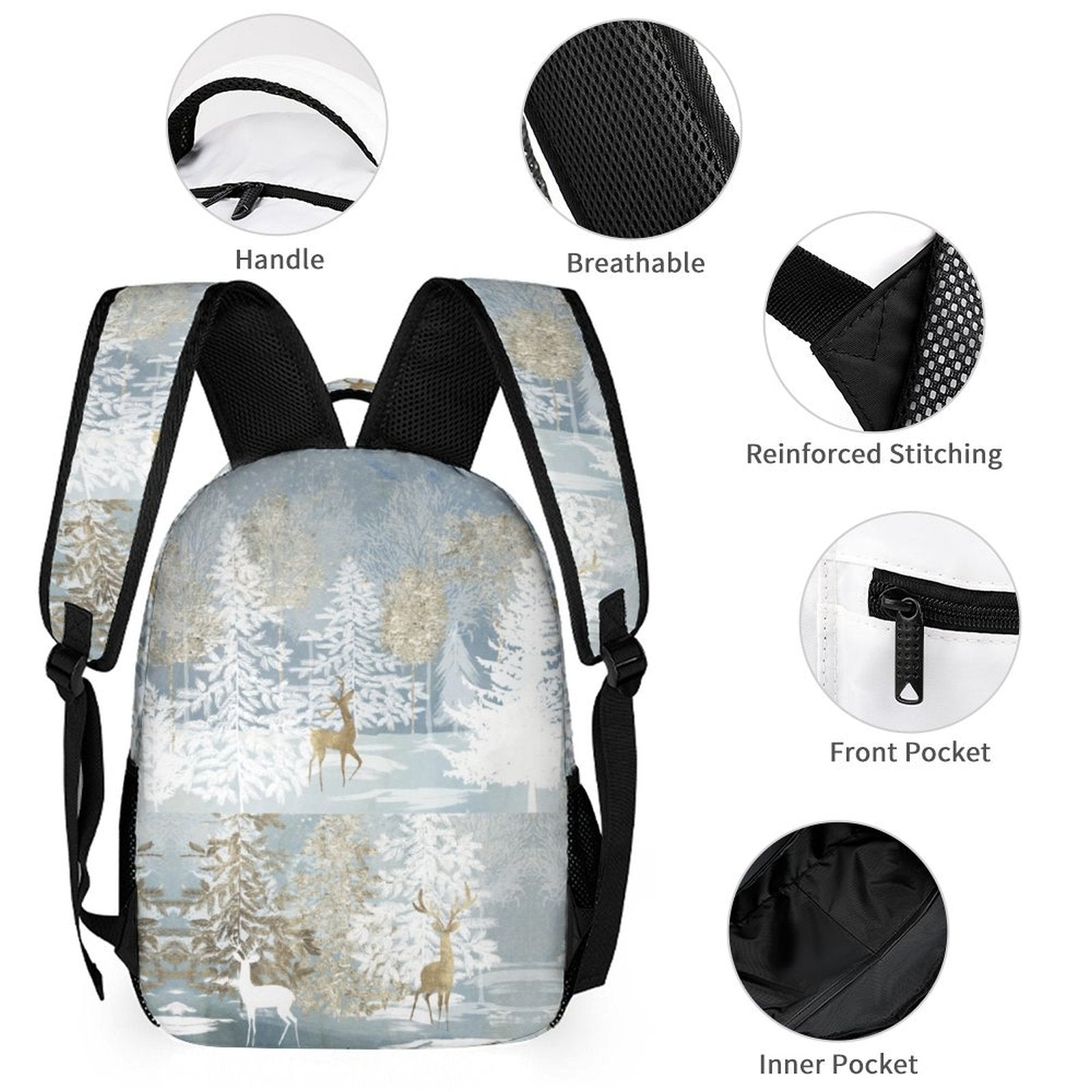 Deer print winter forest backpack with handle, breathable back, reinforced stitching, front pocket and inner pocket