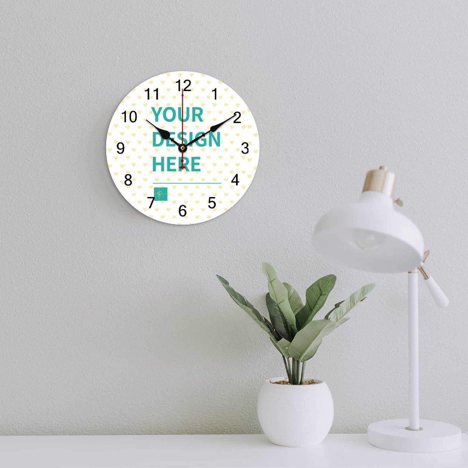 Customizable PVC round wall clock with 'YOUR DESIGN HERE' text - Creative gift idea for home decor