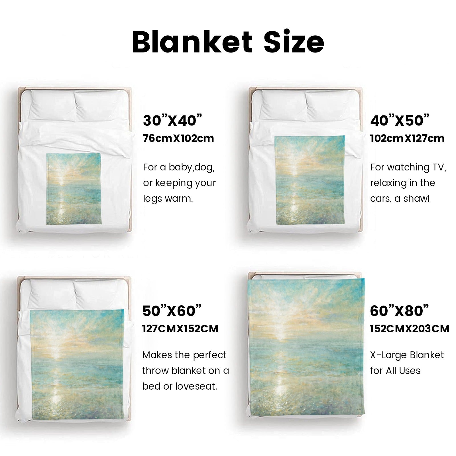 Beach sunrise flannel blanket size chart. Sizes include 30x40, 40x50, 50x60, and 60x80. Perfect for cozy home use.